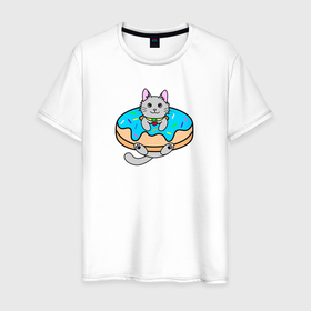 Мужская футболка хлопок с принтом Серый котенок в пончике в Белгороде, 100% хлопок | прямой крой, круглый вырез горловины, длина до линии бедер, слегка спущенное плечо. | 