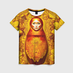 Женская футболка 3D с принтом Матрёшка хохлома модерн в Курске, 100% полиэфир ( синтетическое хлопкоподобное полотно) | прямой крой, круглый вырез горловины, длина до линии бедер | 