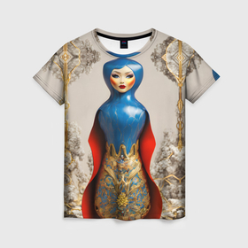 Женская футболка 3D с принтом Матрёшка фарфор в Новосибирске, 100% полиэфир ( синтетическое хлопкоподобное полотно) | прямой крой, круглый вырез горловины, длина до линии бедер | 