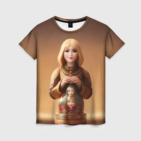 Женская футболка 3D с принтом Матрёшка 585 Гольд кукла в Новосибирске, 100% полиэфир ( синтетическое хлопкоподобное полотно) | прямой крой, круглый вырез горловины, длина до линии бедер | 