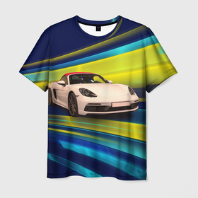 Мужская футболка 3D с принтом Спорткар Porsche в движении в Петрозаводске, 100% полиэфир | прямой крой, круглый вырез горловины, длина до линии бедер | 