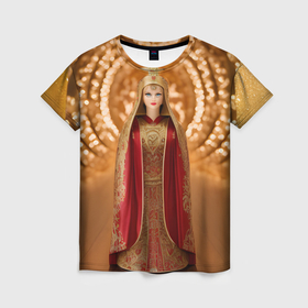 Женская футболка 3D с принтом Матрёшка 585 Гольд царица в Новосибирске, 100% полиэфир ( синтетическое хлопкоподобное полотно) | прямой крой, круглый вырез горловины, длина до линии бедер | 