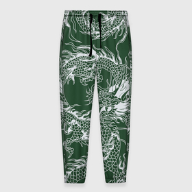 Мужские брюки 3D с принтом Татуировка дракона на зеленом фоне в Кировске, 100% полиэстер | манжеты по низу, эластичный пояс регулируется шнурком, по бокам два кармана без застежек, внутренняя часть кармана из мелкой сетки | 
