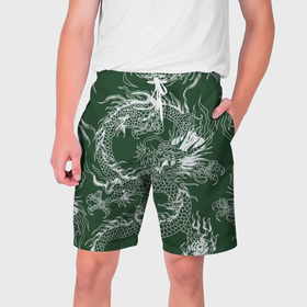 Мужские шорты 3D с принтом Татуировка дракона на зеленом фоне в Курске,  полиэстер 100% | прямой крой, два кармана без застежек по бокам. Мягкая трикотажная резинка на поясе, внутри которой широкие завязки. Длина чуть выше колен | 