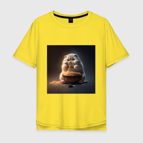 Мужская футболка хлопок Oversize с принтом Обжора кот ест лапшу в Кировске, 100% хлопок | свободный крой, круглый ворот, “спинка” длиннее передней части | 