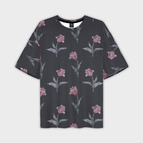 Мужская футболка oversize 3D с принтом Красные тюльпаны с листьями на черном фоне в Тюмени,  |  | Тематика изображения на принте: 
