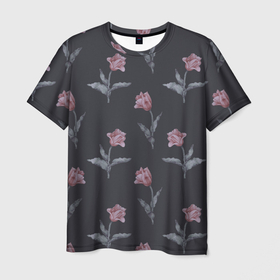 Мужская футболка 3D с принтом Красные тюльпаны с листьями на черном фоне в Тюмени, 100% полиэфир | прямой крой, круглый вырез горловины, длина до линии бедер | Тематика изображения на принте: 