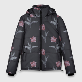 Мужская зимняя куртка 3D с принтом Красные тюльпаны с листьями на черном фоне в Курске, верх — 100% полиэстер; подкладка — 100% полиэстер; утеплитель — 100% полиэстер | длина ниже бедра, свободный силуэт Оверсайз. Есть воротник-стойка, отстегивающийся капюшон и ветрозащитная планка. 

Боковые карманы с листочкой на кнопках и внутренний карман на молнии. | Тематика изображения на принте: 