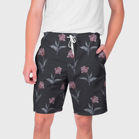 Мужские шорты 3D с принтом Красные тюльпаны с листьями на черном фоне в Тюмени,  полиэстер 100% | прямой крой, два кармана без застежек по бокам. Мягкая трикотажная резинка на поясе, внутри которой широкие завязки. Длина чуть выше колен | 