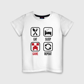 Детская футболка хлопок с принтом Eat   sleep   Minecraft   repeat в Тюмени, 100% хлопок | круглый вырез горловины, полуприлегающий силуэт, длина до линии бедер | 