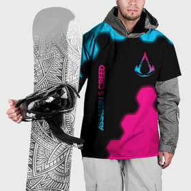 Накидка на куртку 3D с принтом Assassins Creed   neon gradient: надпись, символ в Санкт-Петербурге, 100% полиэстер |  | Тематика изображения на принте: 