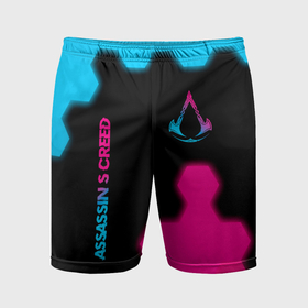 Мужские шорты спортивные с принтом Assassins Creed   neon gradient: надпись, символ ,  |  | 
