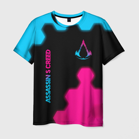 Мужская футболка 3D с принтом Assassins Creed   neon gradient: надпись, символ в Санкт-Петербурге, 100% полиэфир | прямой крой, круглый вырез горловины, длина до линии бедер | 