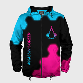Мужская ветровка 3D с принтом Assassins Creed   neon gradient: надпись, символ в Санкт-Петербурге, 100% полиэстер | подол и капюшон оформлены резинкой с фиксаторами, два кармана без застежек по бокам, один потайной карман на груди | 