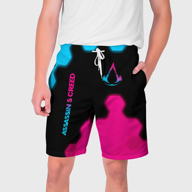 Мужские шорты 3D с принтом Assassins Creed   neon gradient: надпись, символ в Екатеринбурге,  полиэстер 100% | прямой крой, два кармана без застежек по бокам. Мягкая трикотажная резинка на поясе, внутри которой широкие завязки. Длина чуть выше колен | 
