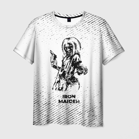 Мужская футболка 3D с принтом Iron Maiden с потертостями на светлом фоне в Тюмени, 100% полиэфир | прямой крой, круглый вырез горловины, длина до линии бедер | 