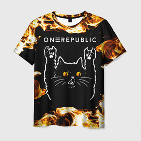 Мужская футболка 3D с принтом OneRepublic рок кот и огонь , 100% полиэфир | прямой крой, круглый вырез горловины, длина до линии бедер | 