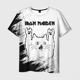 Мужская футболка 3D с принтом Iron Maiden рок кот на светлом фоне в Белгороде, 100% полиэфир | прямой крой, круглый вырез горловины, длина до линии бедер | 
