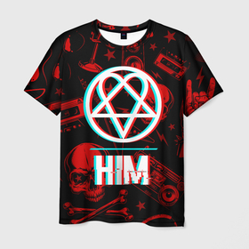 Мужская футболка 3D с принтом HIM rock glitch в Курске, 100% полиэфир | прямой крой, круглый вырез горловины, длина до линии бедер | 