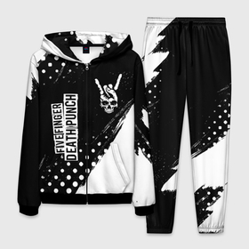 Мужской костюм 3D с принтом Five Finger Death Punch и рок символ на темном фоне в Курске, 100% полиэстер | Манжеты и пояс оформлены тканевой резинкой, двухслойный капюшон со шнурком для регулировки, карманы спереди | 