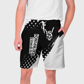 Мужские шорты 3D с принтом Five Finger Death Punch и рок символ на темном фоне в Курске,  полиэстер 100% | прямой крой, два кармана без застежек по бокам. Мягкая трикотажная резинка на поясе, внутри которой широкие завязки. Длина чуть выше колен | 