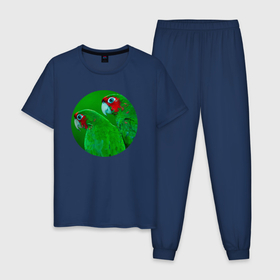 Мужская пижама хлопок с принтом Два зелёных попугая в Тюмени, 100% хлопок | брюки и футболка прямого кроя, без карманов, на брюках мягкая резинка на поясе и по низу штанин
 | 