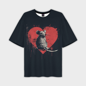 Мужская футболка oversize 3D с принтом Крыса на фоне сердца ,  |  | 