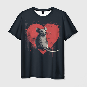 Мужская футболка 3D с принтом Крыса на фоне сердца в Санкт-Петербурге, 100% полиэфир | прямой крой, круглый вырез горловины, длина до линии бедер | 