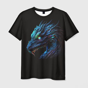 Мужская футболка 3D с принтом Красивый неоновый дракон с голубыми глазами в Белгороде, 100% полиэфир | прямой крой, круглый вырез горловины, длина до линии бедер | 