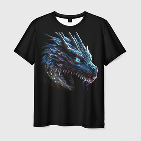 Мужская футболка 3D с принтом Неоновый дракон с голубыми глазами в Санкт-Петербурге, 100% полиэфир | прямой крой, круглый вырез горловины, длина до линии бедер | 