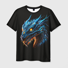 Мужская футболка 3D с принтом Красивый дракон неон в Белгороде, 100% полиэфир | прямой крой, круглый вырез горловины, длина до линии бедер | 
