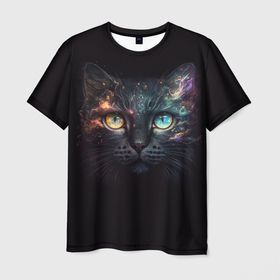 Мужская футболка 3D с принтом Красивый космический котик в Кировске, 100% полиэфир | прямой крой, круглый вырез горловины, длина до линии бедер | 