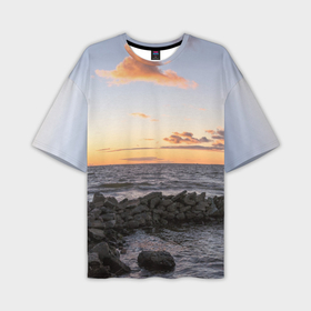 Мужская футболка oversize 3D с принтом Закат солнца на Финском заливе в Санкт-Петербурге,  |  | 