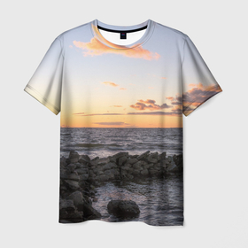 Мужская футболка 3D с принтом Закат солнца на Финском заливе в Санкт-Петербурге, 100% полиэфир | прямой крой, круглый вырез горловины, длина до линии бедер | 