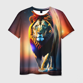 Мужская футболка 3D с принтом Космический грозный лев в Санкт-Петербурге, 100% полиэфир | прямой крой, круглый вырез горловины, длина до линии бедер | 