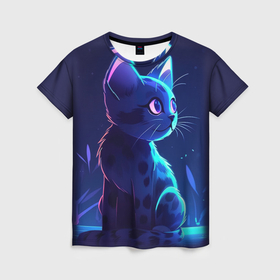 Женская футболка 3D с принтом Рисованный  котенок , 100% полиэфир ( синтетическое хлопкоподобное полотно) | прямой крой, круглый вырез горловины, длина до линии бедер | 