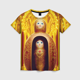 Женская футболка 3D с принтом Матрёшка 585 Гольд купчиха в Новосибирске, 100% полиэфир ( синтетическое хлопкоподобное полотно) | прямой крой, круглый вырез горловины, длина до линии бедер | 
