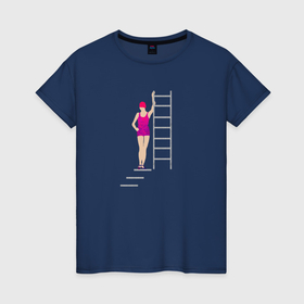 Женская футболка хлопок с принтом Девушка в бассейне у лестницы в Санкт-Петербурге, 100% хлопок | прямой крой, круглый вырез горловины, длина до линии бедер, слегка спущенное плечо | 