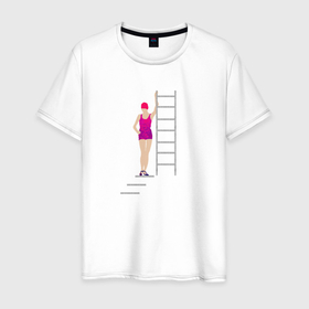 Мужская футболка хлопок с принтом Девушка в бассейне у лестницы в Новосибирске, 100% хлопок | прямой крой, круглый вырез горловины, длина до линии бедер, слегка спущенное плечо. | 