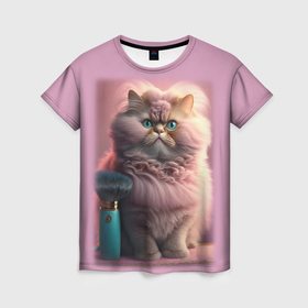 Женская футболка 3D с принтом Кошечка в салоне красоты в Кировске, 100% полиэфир ( синтетическое хлопкоподобное полотно) | прямой крой, круглый вырез горловины, длина до линии бедер | 