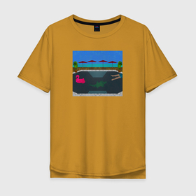 Мужская футболка хлопок Oversize с принтом Плавающие в бассейне фламинго, крокодил и мужчина в Петрозаводске, 100% хлопок | свободный крой, круглый ворот, “спинка” длиннее передней части | 