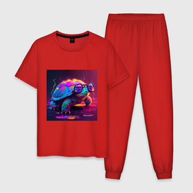 Мужская пижама хлопок с принтом Неоновая черепаха , 100% хлопок | брюки и футболка прямого кроя, без карманов, на брюках мягкая резинка на поясе и по низу штанин
 | 