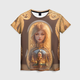Женская футболка 3D с принтом Матрёшка девочка в Новосибирске, 100% полиэфир ( синтетическое хлопкоподобное полотно) | прямой крой, круглый вырез горловины, длина до линии бедер | 
