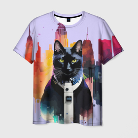 Мужская футболка 3D с принтом Чёрный котяра в Нью Йорке в Кировске, 100% полиэфир | прямой крой, круглый вырез горловины, длина до линии бедер | Тематика изображения на принте: 
