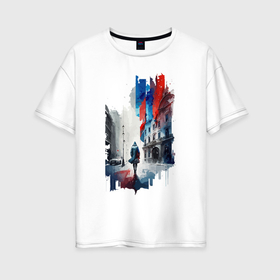 Женская футболка хлопок Oversize с принтом Прогулка по Москве   коллекция Бело сине красный   Хуф и Ся   дополнение в Белгороде, 100% хлопок | свободный крой, круглый ворот, спущенный рукав, длина до линии бедер
 | 