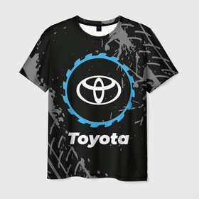 Мужская футболка 3D с принтом Toyota в стиле Top Gear со следами шин на фоне в Екатеринбурге, 100% полиэфир | прямой крой, круглый вырез горловины, длина до линии бедер | 