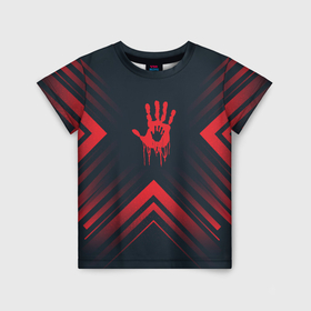 Детская футболка 3D с принтом Красный символ Death Stranding на темном фоне со стрелками в Санкт-Петербурге, 100% гипоаллергенный полиэфир | прямой крой, круглый вырез горловины, длина до линии бедер, чуть спущенное плечо, ткань немного тянется | 