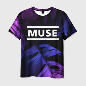 Мужская футболка 3D с принтом Muse neon monstera в Курске, 100% полиэфир | прямой крой, круглый вырез горловины, длина до линии бедер | 