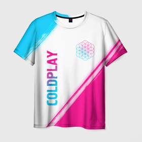 Мужская футболка 3D с принтом Coldplay neon gradient style: надпись, символ в Новосибирске, 100% полиэфир | прямой крой, круглый вырез горловины, длина до линии бедер | Тематика изображения на принте: 