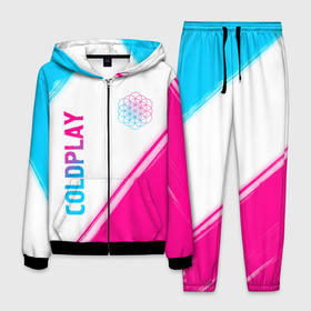 Мужской костюм 3D с принтом Coldplay neon gradient style: надпись, символ , 100% полиэстер | Манжеты и пояс оформлены тканевой резинкой, двухслойный капюшон со шнурком для регулировки, карманы спереди | 